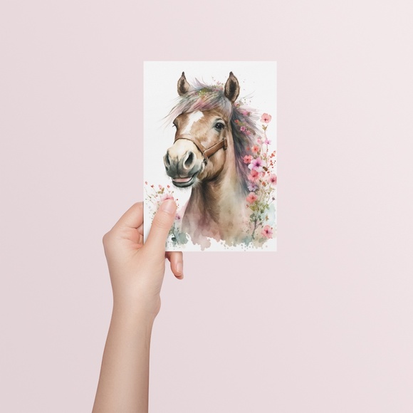 Watercolor Cute Floral Horse Wall Art Illustration Print Poster Unframed - Picture 5 of 6